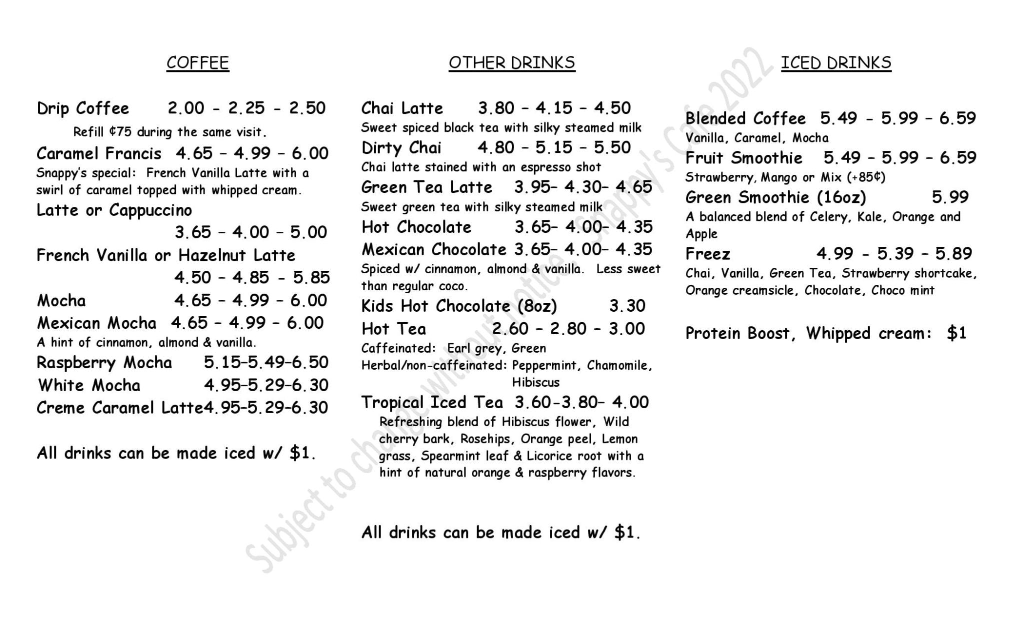 Menu – Snappy's Cafe
