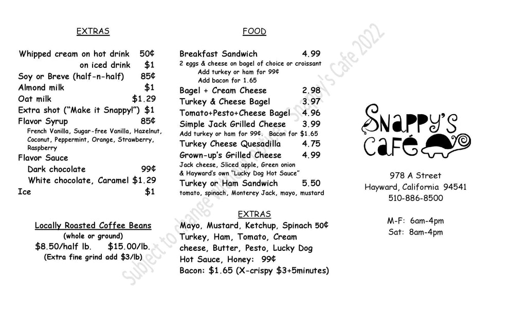 Menu – Snappy's Cafe